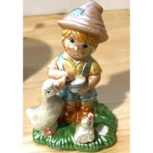 Vintage Kitsch Country Boy Figurine Farmer Cottagecore Folksy Goose Baby Chick